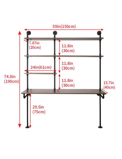 OLDRAINBOW Industrial Pipe Computer Desk with Shelves,Wall Mounted Laptop Desks for Small Spaces,59 inch Bookshelf Narrow Writing Desk with Floating Shelves