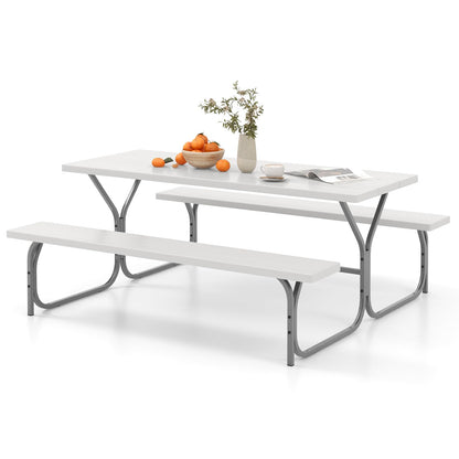Giantex Picnic Table 6FT for 8 Person, Outdoor Table Set w/ 2 Benches, All-Weather HDPE Rectangular Tabletop, Heavy Duty Metal Legs, Umbrella Hole, for Patio Yard Lawn Party (White)