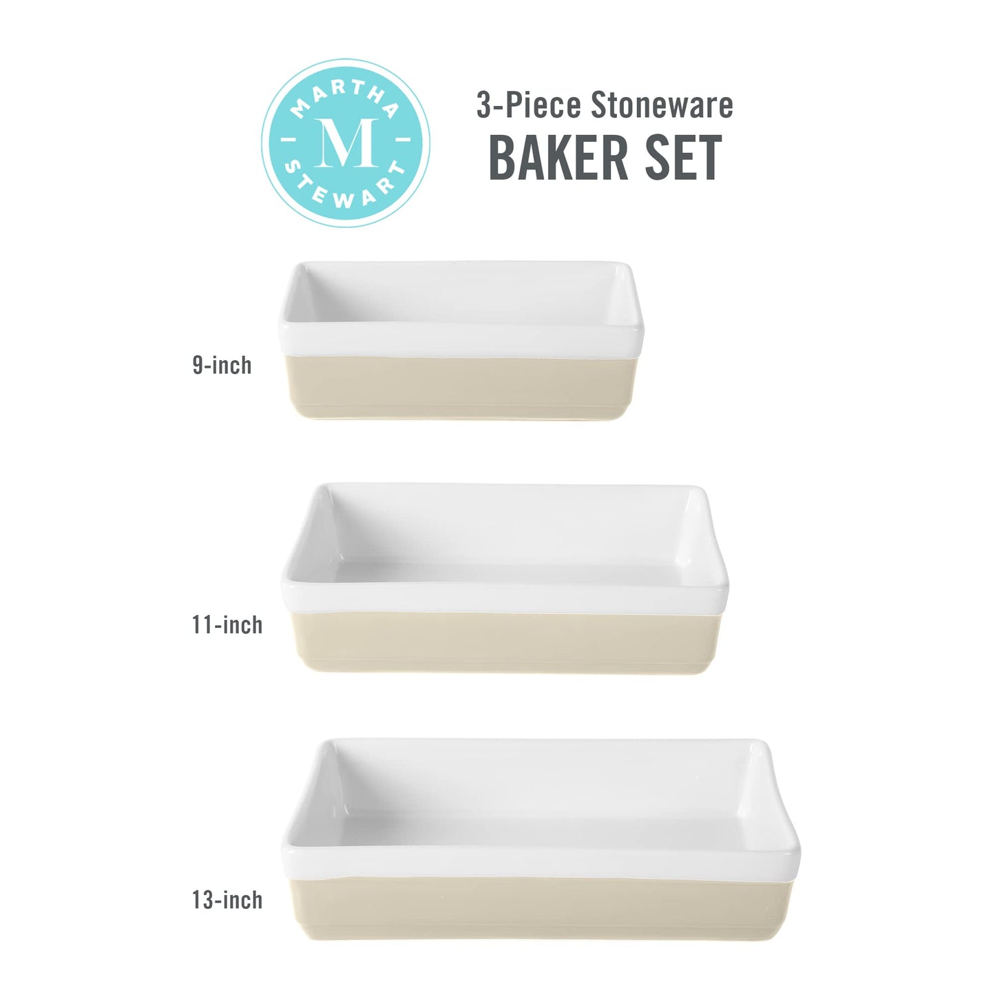 MARTHA STEWART 3-Piece Oven to Table Stoneware Bakeware Set – Baking Dish & Casserole Set – Grey – Durable Oven-Safe Bakeware for Baking and Serving