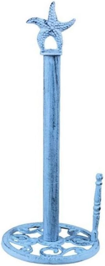 15" Handcrafted Nautical Decor Rustic Dark Blue Whitewashed Cast Iron Starfish Paper Towel Holder - Starfi