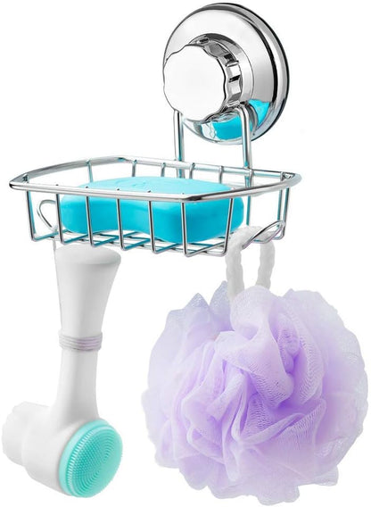 SANNO Suction Soap Dish with Hooks | Soap Holder Saver Tray for Shower, Bathroom, Tub, Kitchen Sink