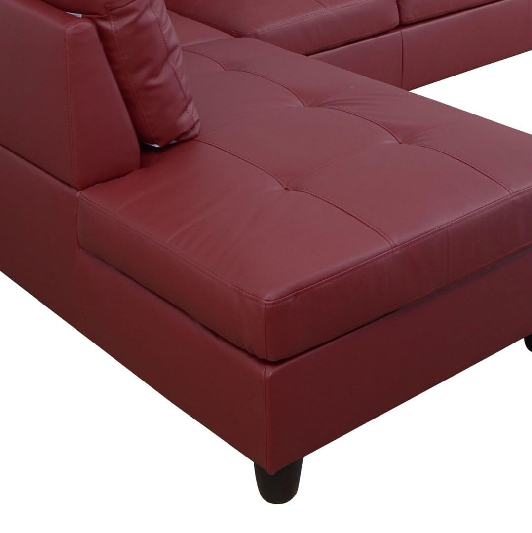 UOCFYK Red L-Shaped 3-Piece Faux Leather Sofa with Storage Ottoman Set, Sectional Couch Leather-Like Sofa Set for Living Room, Office, Small Space