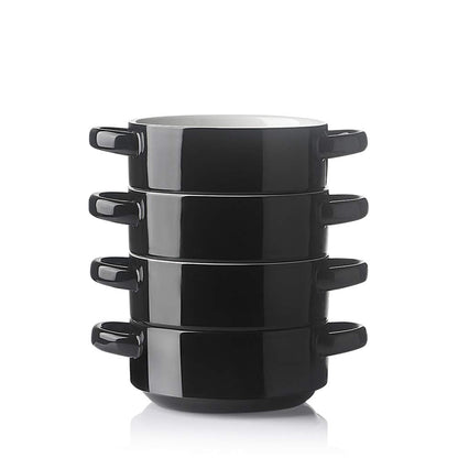 Sweejar Ceramic Soup Bowls with Double Handles, 20 Oz Stacked Bowls for French Onion Soup, Cereal, Pot Pies, Stew, Chill, Pasta, Set of 4 (Black)