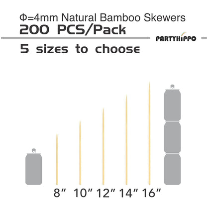 PARTYHIPPO 16 Inch Natural Bamboo Skewers, 4mm Thick, 200 Pack – BBQ Kabob Sticks for Grilling, Fruit, Chocolate Fountain, Crafts & Parties – More Size Choices /8"/10"/12"/14"/16"(16")