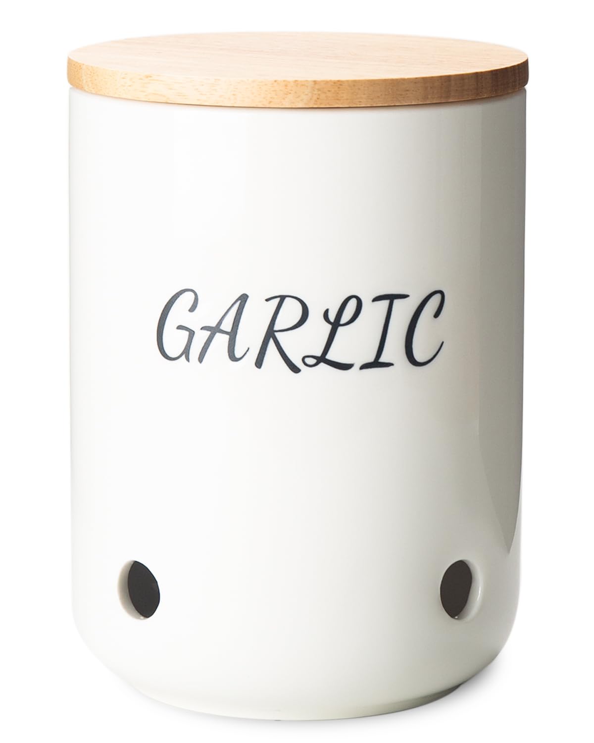 Magclay Ceramic Garlic Keeper with Lid, 40 Oz Large Garlic Holder, Garlic Storage Container, White with Black Text