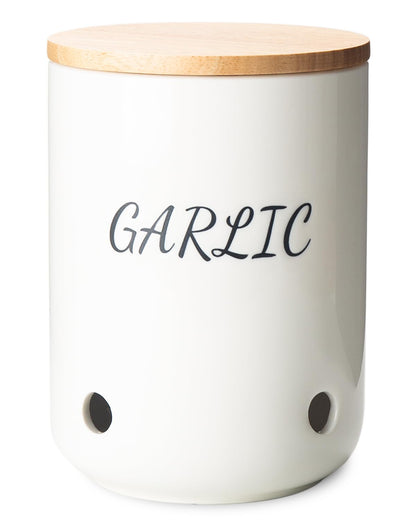 Magclay Ceramic Garlic Keeper with Lid, 40 Oz Large Garlic Holder, Garlic Storage Container, White with Black Text