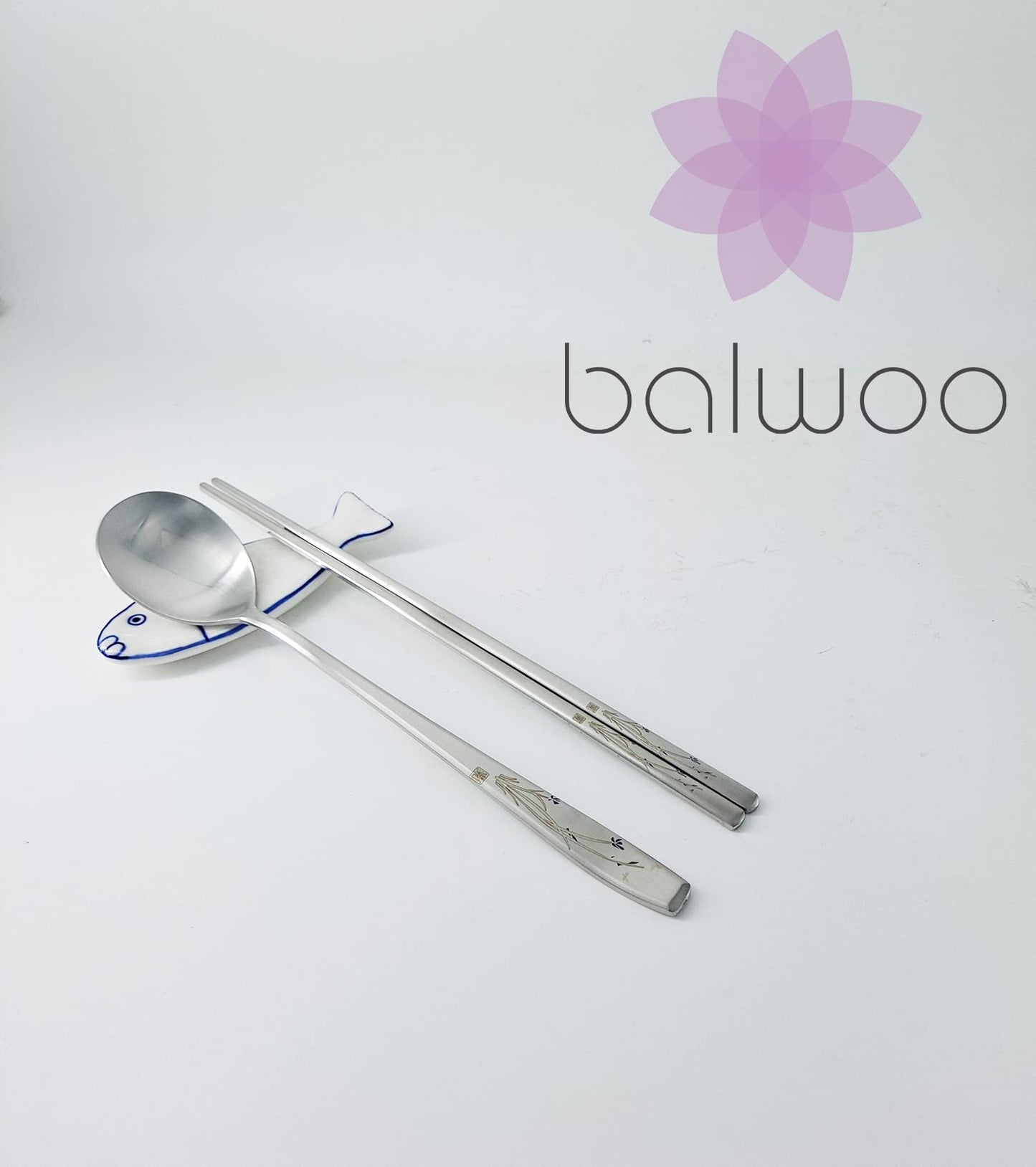 BALWOO Korean Flat Chopsticks [5 Sets][Made in Korea] 304 Premium Stainless Steel Mukbang Utensil Cutlery Silverware Metal Chopsticks (Orchid Painting)