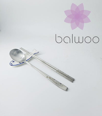 BALWOO Korean Flat Chopsticks [5 Sets][Made in Korea] 304 Premium Stainless Steel Mukbang Utensil Cutlery Silverware Metal Chopsticks (Orchid Painting)