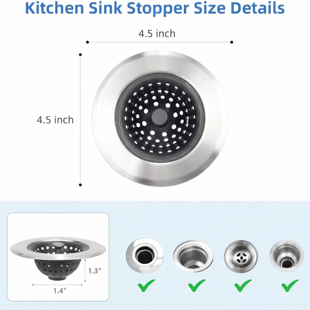 2 Pack Silicone Sink Drain Strainer, Flexible Kitchen Sink Strainer Basket with Metal Rim, 4.5 Inch Drain Catcher & Food Stopper, Free Shower Drain Cover