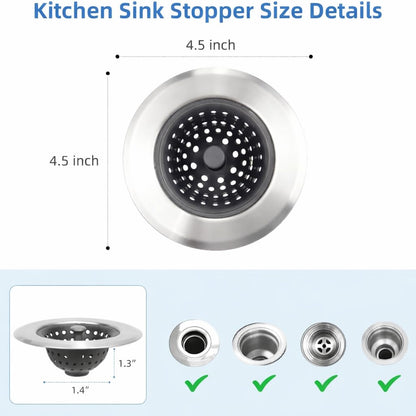 2 Pack Silicone Sink Drain Strainer, Flexible Kitchen Sink Strainer Basket with Metal Rim, 4.5 Inch Drain Catcher & Food Stopper, Free Shower Drain Cover
