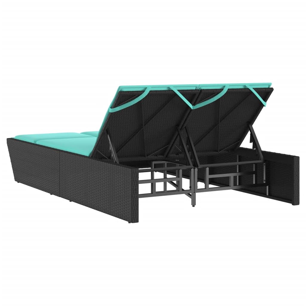 MBDRKVGF Double Sun Lounger with Cushions, Outdoor Patio Daybed with 4-Position Adjustable Backrest, Poly Rattan Garden Furniture Set, Black