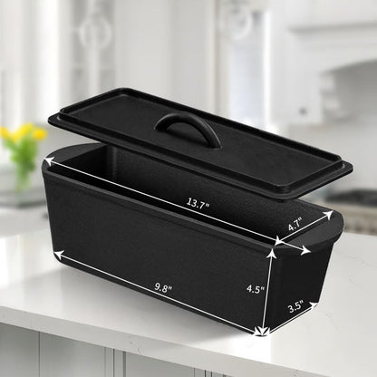 PADELE Cast Iron Bread Pan with Lid - 2LB Capacity (13x5 Inch) Large Pullman Loaf Pan for Homemade Bread - Non-Stick，Dual Handle, Pre-Seasoned, Rust-Resistant (Black-Cast Iron)