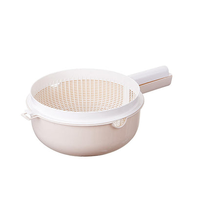 HUANIZI Double Layer Rice Wash Basket 2 in 1 Kitchen Strainer Bowl Drain Basket with Handle Fruit Vegetable Colander for Washing Mixing Kitchen Strainer Bowl Set, Beige