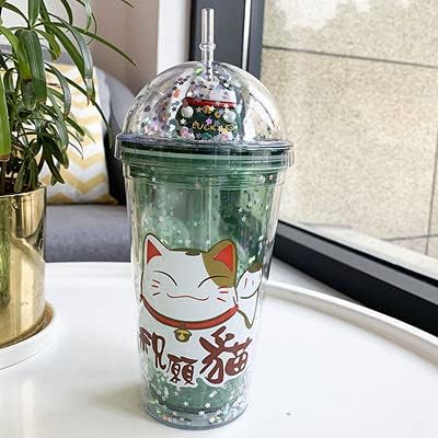 Lucky Cat Travel Mug with Straw, Blue Drinking Cup with Strap for Picnic Party Birthday (Lucky Cat Green, 430 ml)