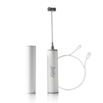 Joe'y Electric Milk Frother, USB Rechargeable Handheld Mixer, Dual Speed Stainless Steel Frother Wand with Double Whisk for Coffee, Lattes, Matcha, Includes Travel Case, Coffee Bar Accessories, White