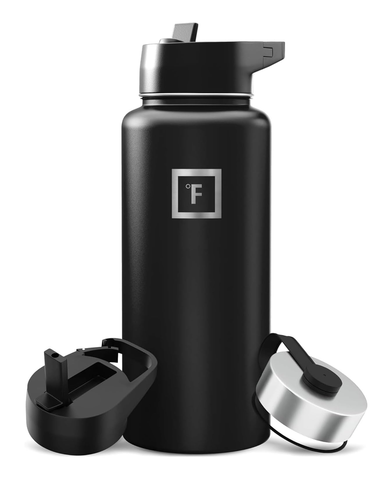 IRON °FLASK Camping & Hiking Hydration Flask with Straw, Wide Mouth Insulated Stainless Steel Sports Water Bottle - 32 oz Midnight Black