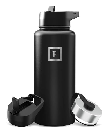 IRON °FLASK Camping & Hiking Hydration Flask with Straw, Wide Mouth Insulated Stainless Steel Sports Water Bottle - 32 oz Midnight Black