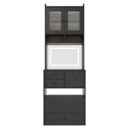 Garvee 3 in 1 Vanity Desk with LED Light, Tall Makeup Vanity Set with 2 AC Outlets & USB-c, Dressing Table with Drawers & Acrylic Doors, Nightstand Vanity Mirror, Jewelry Box, Cushioned Chair, Black