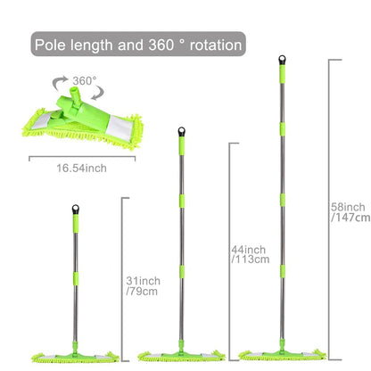 Dust Mop for Floor Cleaning with 2 Washable Chenille Pads and Extendable 58” Long Handle, Dry Wet Flat Mop with Scouring Pad for Hardwood, Laminate, Tile, Marble (Green)