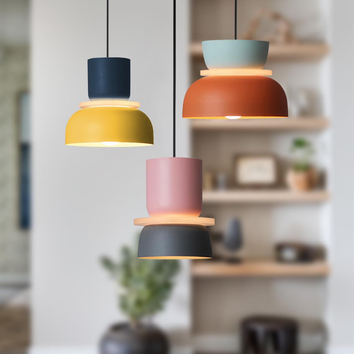 Qufute Nordic Modern Pendant Light Macaron Color Mid Century Hanging Light Fixture with Aluminum Shade Colorful Chandelier Ceiling Pendant Lights for Dining Room Kitchen (3-Light)