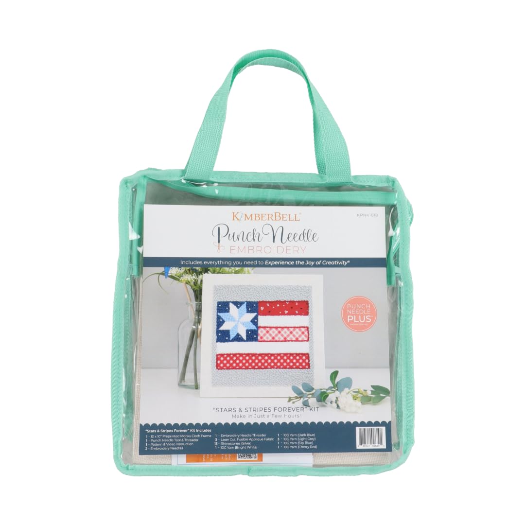Kimberbell Stars & Stripes Forever Punch Needle Kit – Complete Patriotic Craft Set with Tool, Yarn, Hoop, Monks Cloth, Appliqués & Rhinestones – DIY Punch Needle Plus Kit with Video Tutorials