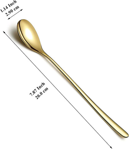 Gold Long Handle Iced Tea Spoons, Set of 12 Pieces, Titanium Plating Gold Stainless Steel Teaspoons, Dishwasher Safe