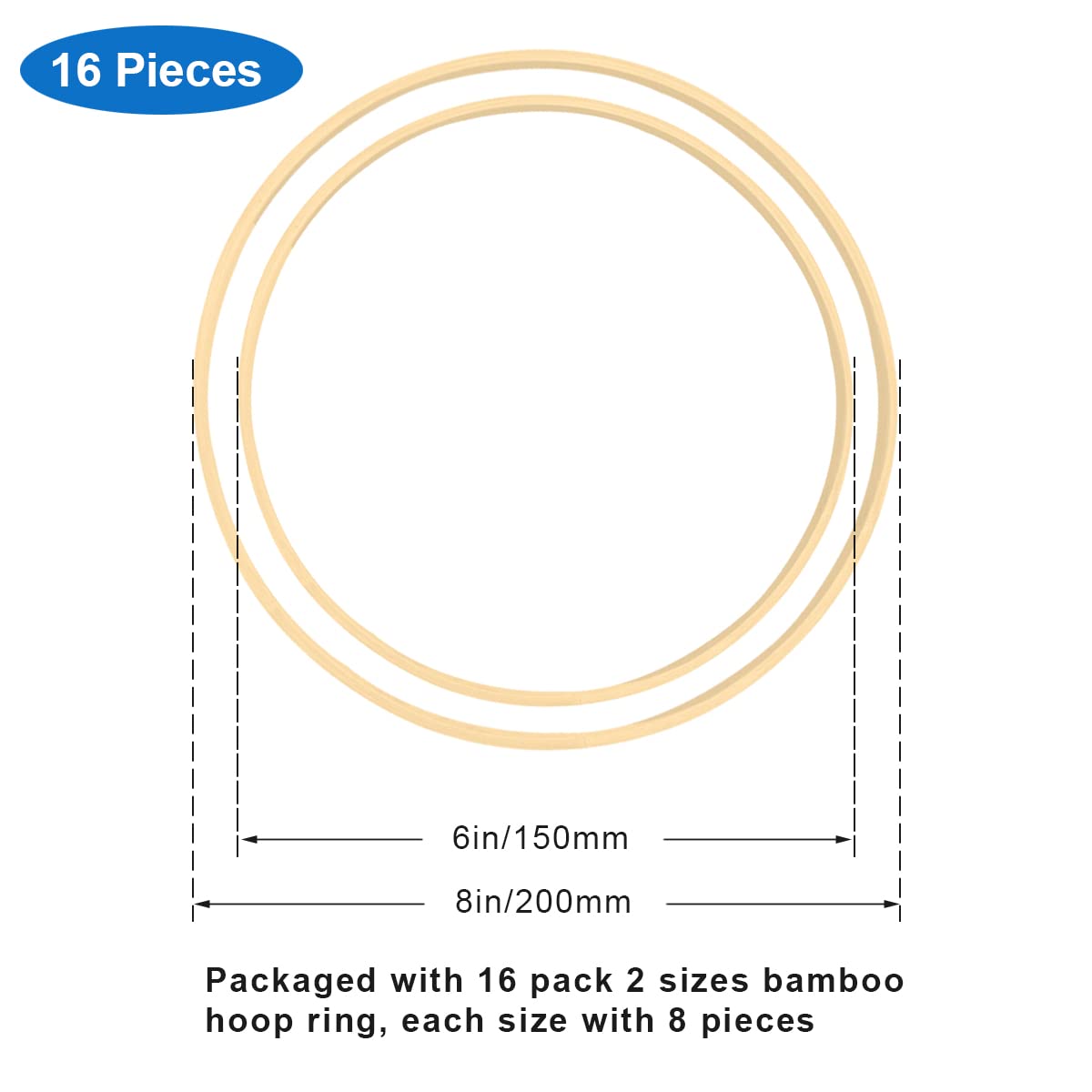 Worown 16 Pack (6” & 8”) Wooden Bamboo Floral Hoops Wreath Rings for Making Wedding Wreath Decor and Wall Hanging Crafts