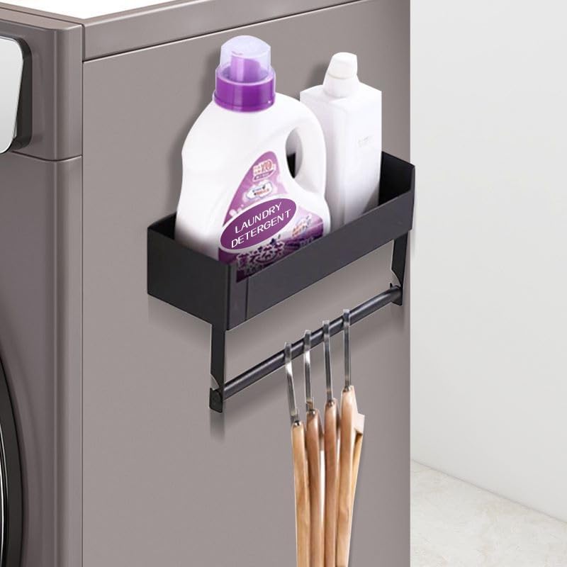 Magnetic Spice Rack Organizer for Refrigerator, with Paper Towel Holder Shelf for Small Kitchen Storage (Black)