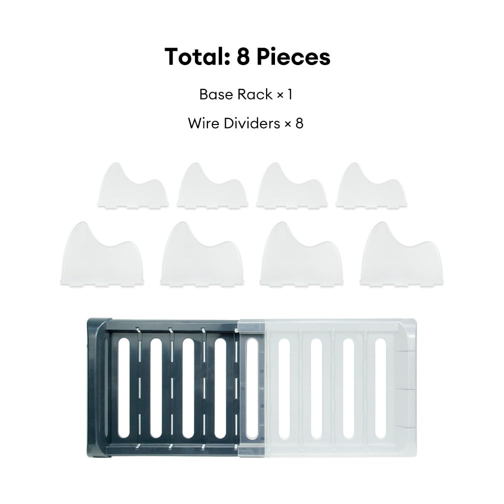 Tenrry Expandable Pot and Pan Organizer Rack for Cabinet, Adjustable 35-58cm Kitchen Cabinet Organizer with 8 ABS Dividers for Lids, Cutting Boards, Bakeware, Dark Gray