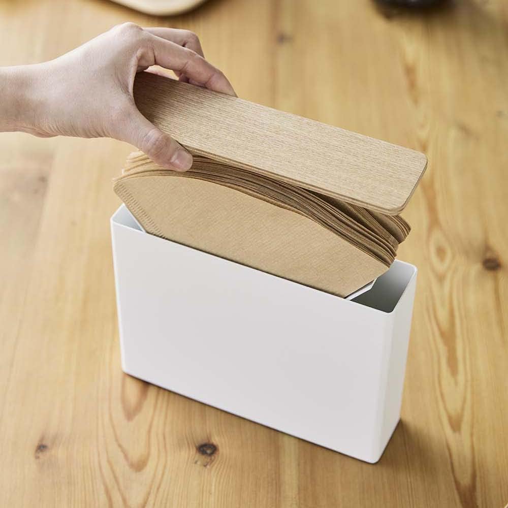 Wood Accent Coffee Pourover Filter Case with Lid - Stainless Steel Container Dispenser