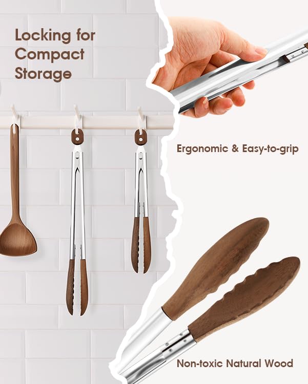 Bakpoco 10 & 13 Inch Wooden Tongs for Cooking, Kitchen Stainless Steel Salad Tongs with Walnut Wood Tip, Serving Food Toaster Bread Non Toxic Grill Tong, Smooth Locking & Hanging Cooking Utensils Set