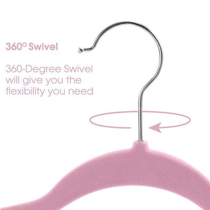 Elama 100 Piece Set of Velvet Slim Profile Heavy Duty Felt Hangers with Stainless Steel Swivel Hooks in Pink