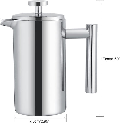 Acouto 350ml Double Wall Stainless Steel Coffee Maker, French Press Tea Pot with Filter
