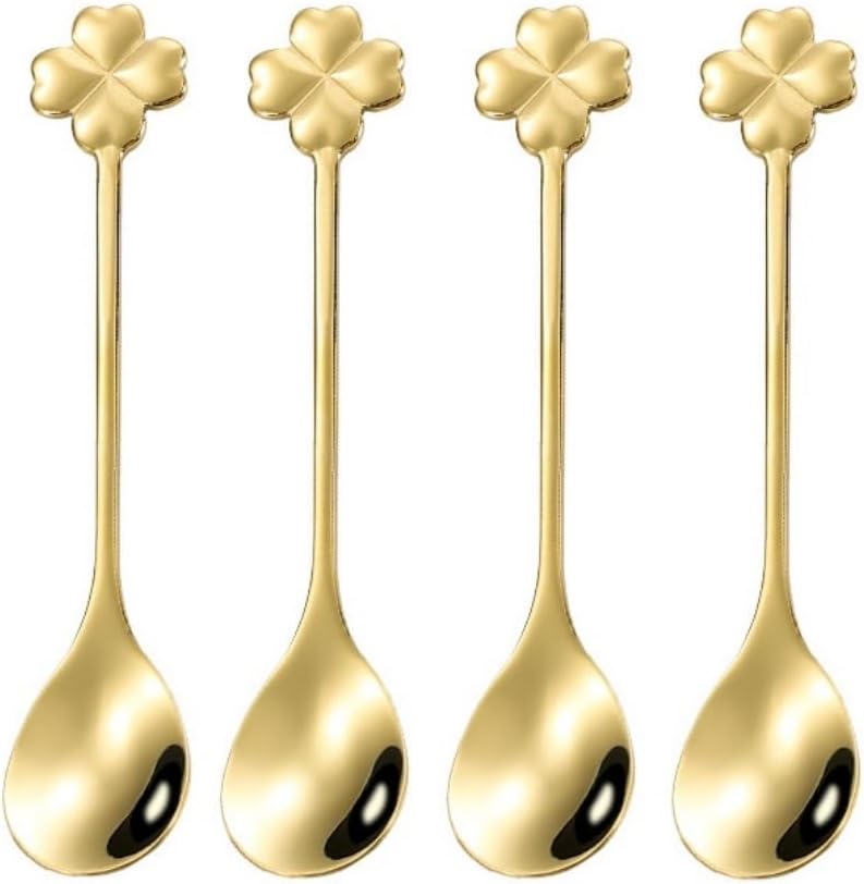 10 pcs Gold Four-Leaf Clover Stainless Steel Spoon Set, Unique Design for Coffee, Tea, Desserts, 4.7 inch