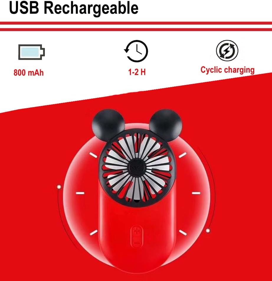 Cute Personal Mini Fan (2 PACK), USB Rechargeable Handheld Fan with Stylish LED Light, 3 Speed Adjustable, Cute Mouse