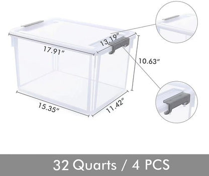 Citylife 32 QT Plastic Storage Bins - Stackable Latching Containers for Organizing Garage, Closet & Kitchen | 4-Pack
