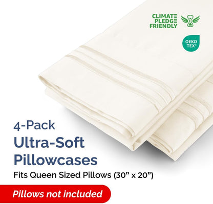 Skiennix Queen Pillow Cases Set of 4 - Ultra Soft Hotel Quality - Wrinkle Free & Stain Resistant - Off White