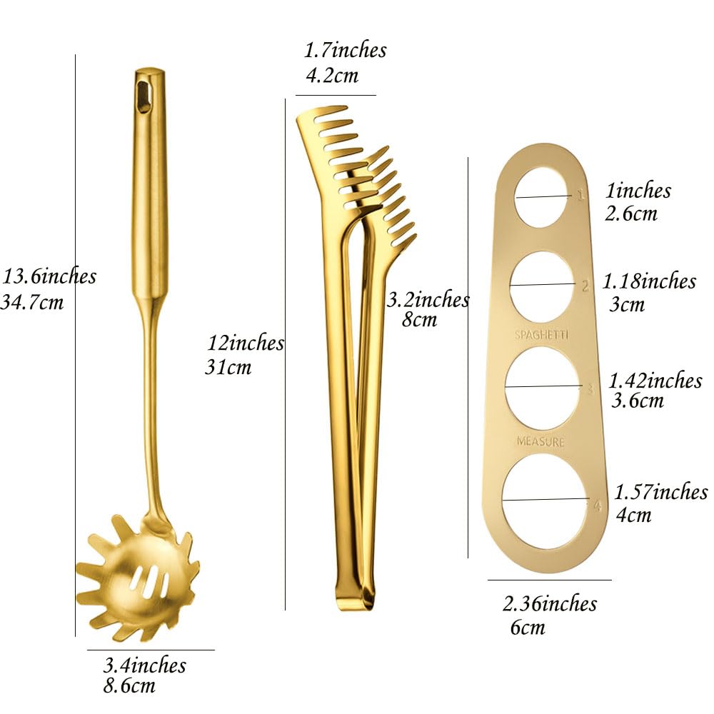 Gold Stainless Steel Spaghetti Server Set, Spaghetti spoon with teeth,12'' Pasta Tong and 13.6'' Pasta spoon,4-Hole Stainless Steel Spaghetti Measure Tool. for Noodles Pasta Serving Gadgets(3 Pieces)