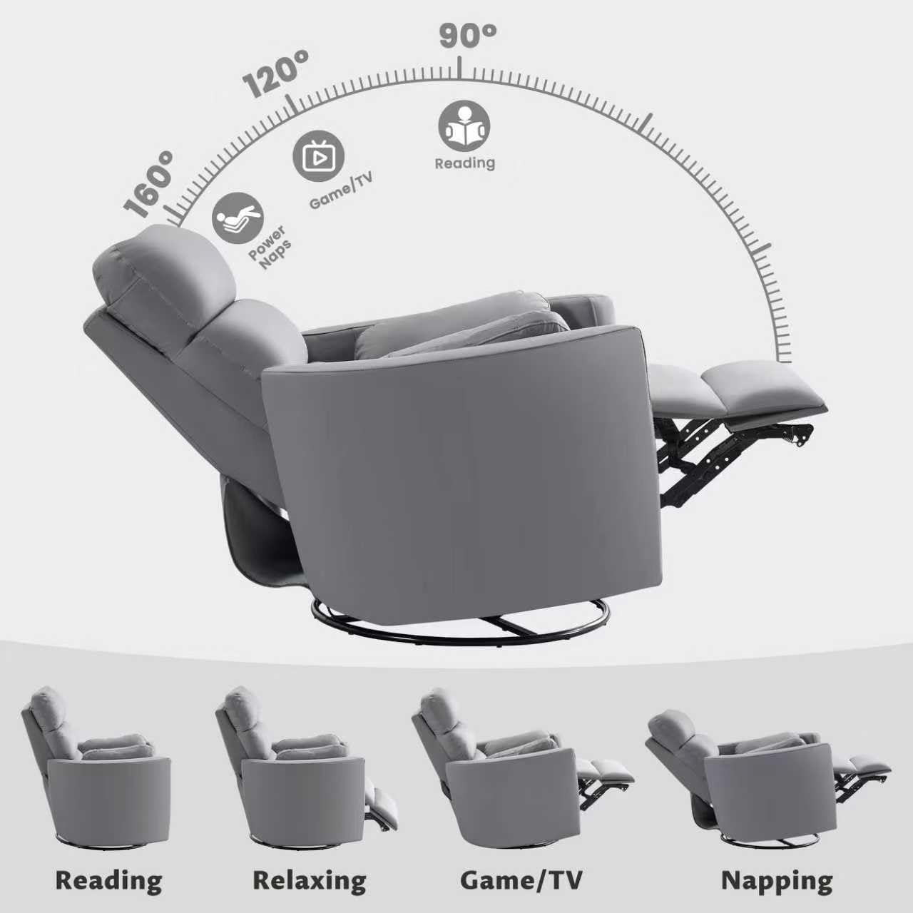 GRAINELL Oversize Power Swivel Recliner, 40in Wide Electric Glider Rocking Chair with Headrest Adjustment, USB Port, 270° Swivel, Rock 30°– for Living Room, Nursery, Leather Grey (5"7' to 6"1' Height)