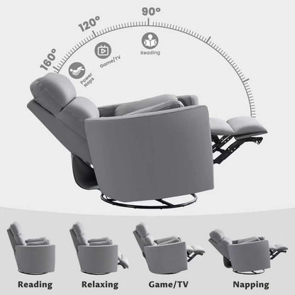 GRAINELL Oversize Power Swivel Recliner, 40in Wide Electric Glider Rocking Chair with Headrest Adjustment, USB Port, 270° Swivel, Rock 30°– for Living Room, Nursery, Leather Grey (5"7' to 6"1' Height)