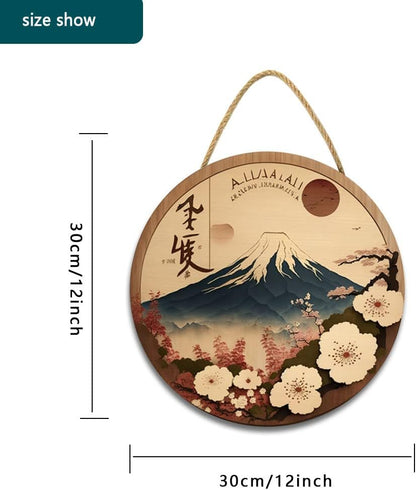 Japanese Style Landscape Painting Wall Art, Red Cherry Blossom Circle Decor, Mountain River Sign for Bedroom Living