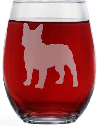 Greenline Goods French Bulldog Stemless Wine Glasses - Hand Etched 2-Sided Silhouette with Breed Name for Dog Lovers