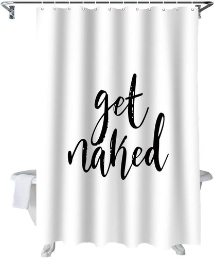 Z&L Home Get Naked Black Script Shower Curtain, White Bathroom Decorations with Hooks, Polyester Fabric 72x78 Inches