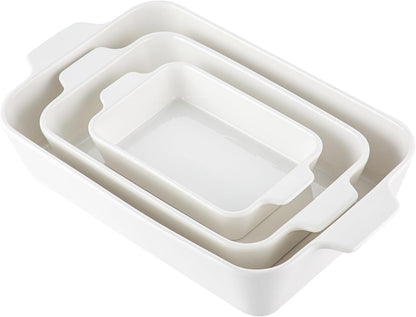 YUN TAO Casserole Dishes - 3-Piece Porcelain Bakeware Set with Handles | Deep Rectangular Lasagna Pans (15.1 Inch, White)