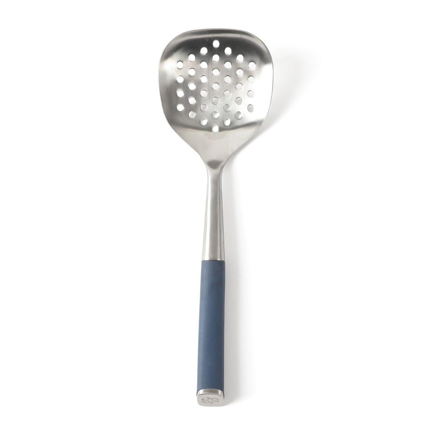 Calphalon Edge Stainless Steel Slotted Spoon/Skimmer with Navy Blue Handle, Slotted Cooking Tool for Draining and Skimming, Heat-Resistant, Durable Kitchen Utensil for Everyday Use