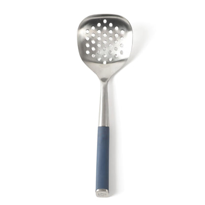 Calphalon Edge Stainless Steel Slotted Spoon/Skimmer with Navy Blue Handle, Slotted Cooking Tool for Draining and Skimming, Heat-Resistant, Durable Kitchen Utensil for Everyday Use