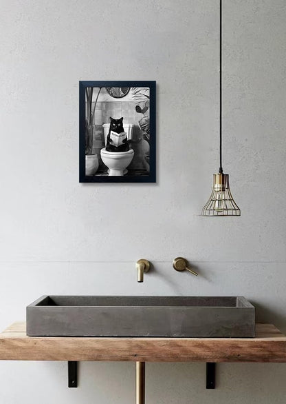 Skiennix Black Cat Bathroom Wall Art - Humorous Framed Canvas Print | Small Size, Black & White Design