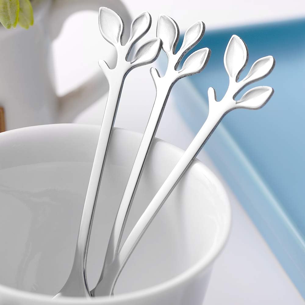 AnSaw 16-Pieces 4.7-Inch Small Coffee Spoons with Leaf Handle, Silver