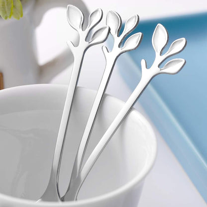 AnSaw 16-Pieces 4.7-Inch Small Coffee Spoons with Leaf Handle, Silver