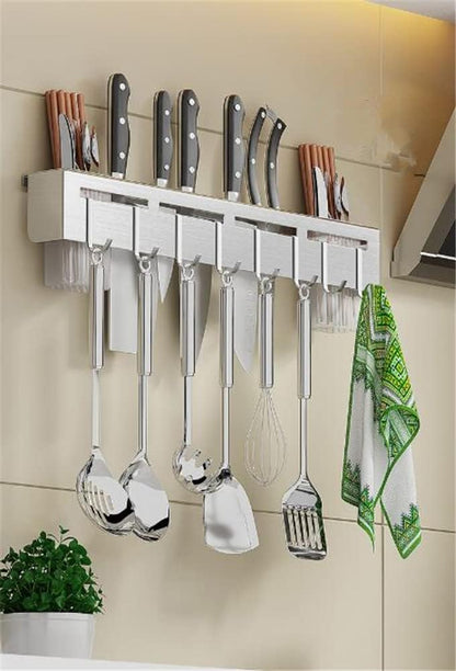 Wall Mount Utensil Holder - 15.7'' Stainless Steel Kitchen Rack with Knife Holder, Towel Bar, and Hooks